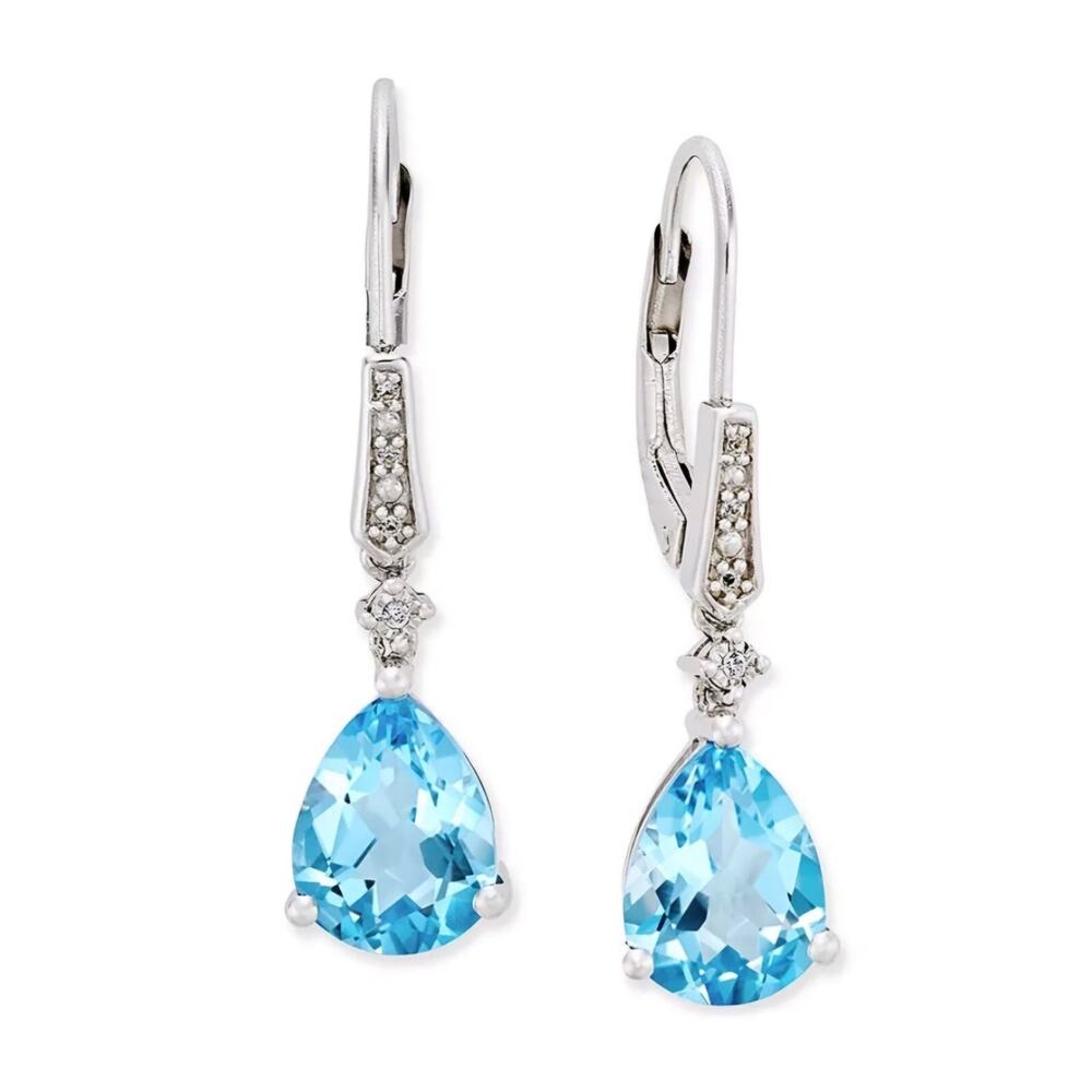 925 Sterling Silver P Star M 3Ct Pear‎ Blue Topaz & Diamond Accent Drop Earrings - Picture 3 of 3